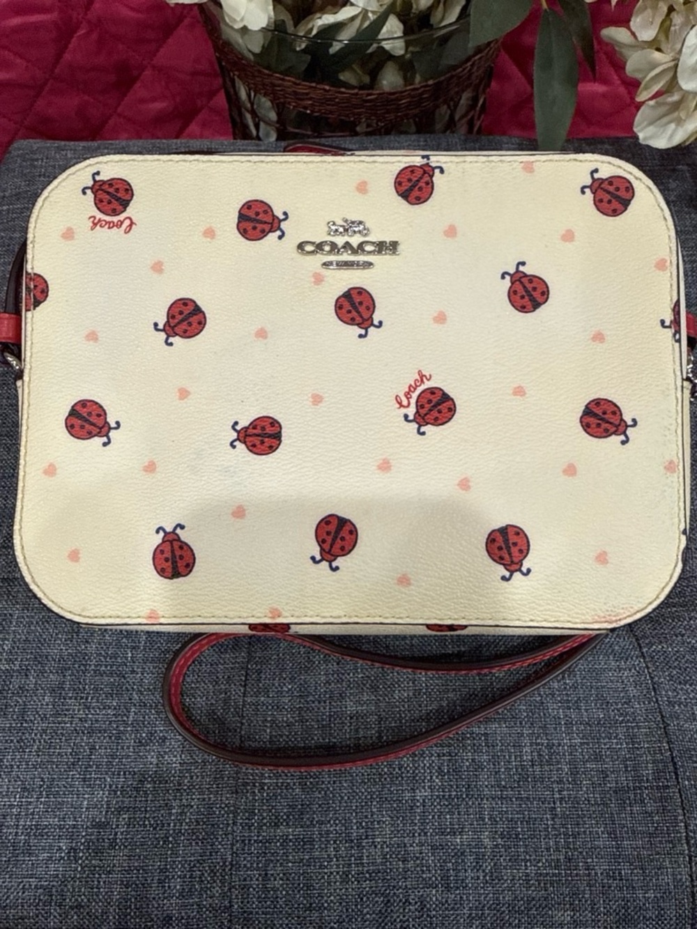 Coach Ivory Crossbody with Red Ladybug Print